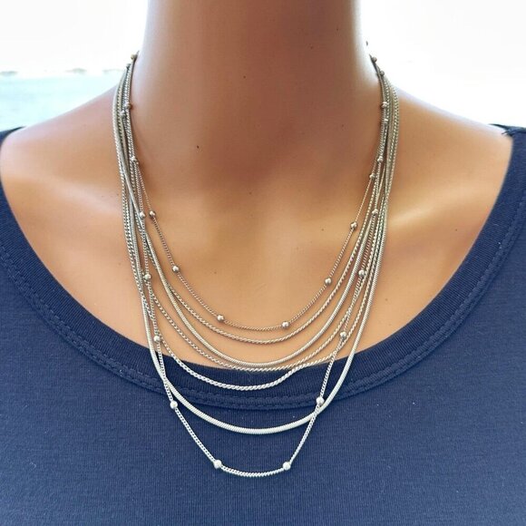 Multi Strand Necklace Silver Tone Adjustable Length Draped Look Boho - Picture 1 of 3
